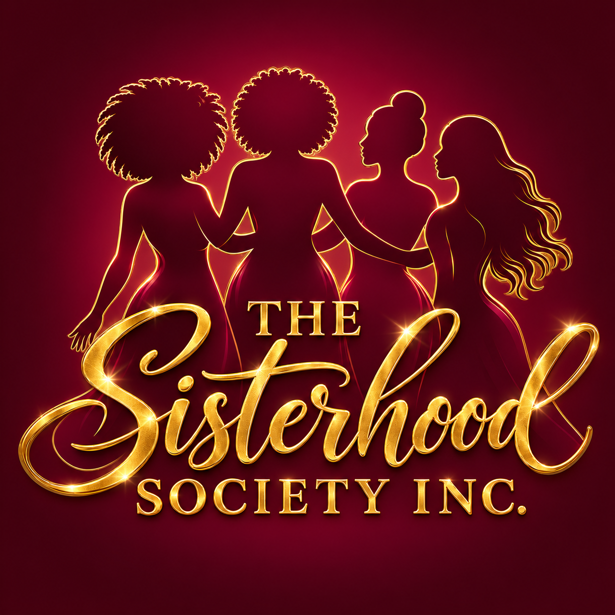 The Sisterhood Society Inc. Four women united above metallic gold lettering.